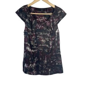 Ann Taylor Black/Maroon/Grey Print Cap Sleeve Silk Top Sz S